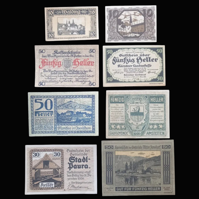 1920 Austria Banknote Notgeld Antique Dark History 8pc Set Emergency Paper Money Heller AU