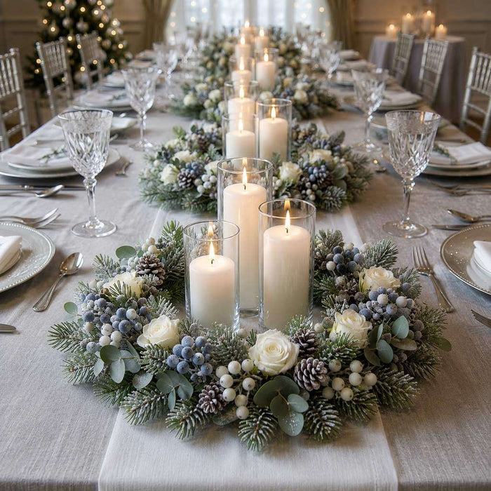 Winter floral and pinecone wreath centerpiece with pillar candles on a long dining table