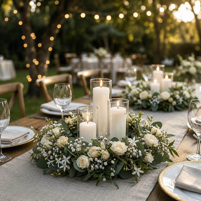Outdoor wedding table centerpiece featuring a floral wreath on a 14" wire wreath frame