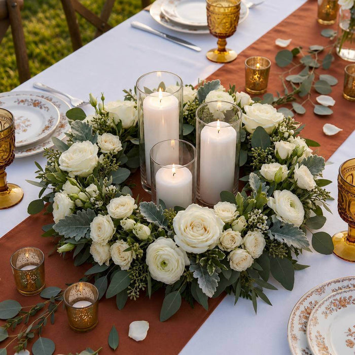 A candlelit outdoor dining centerpiece with a floral wreath on a 14" wire wreath frame