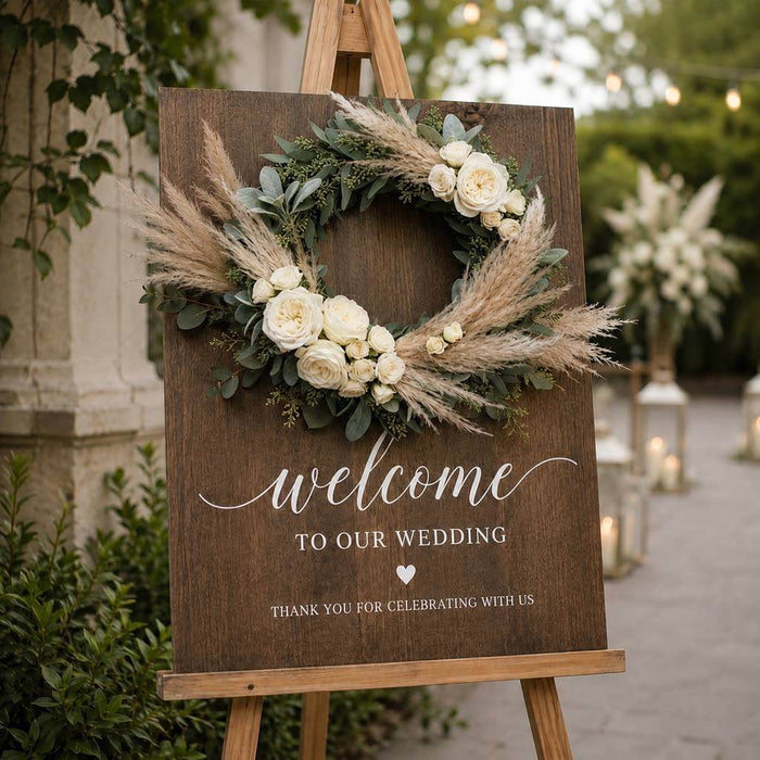 A 14" wire wreath frame forms the base of this floral and pampas grass wedding welcome sign