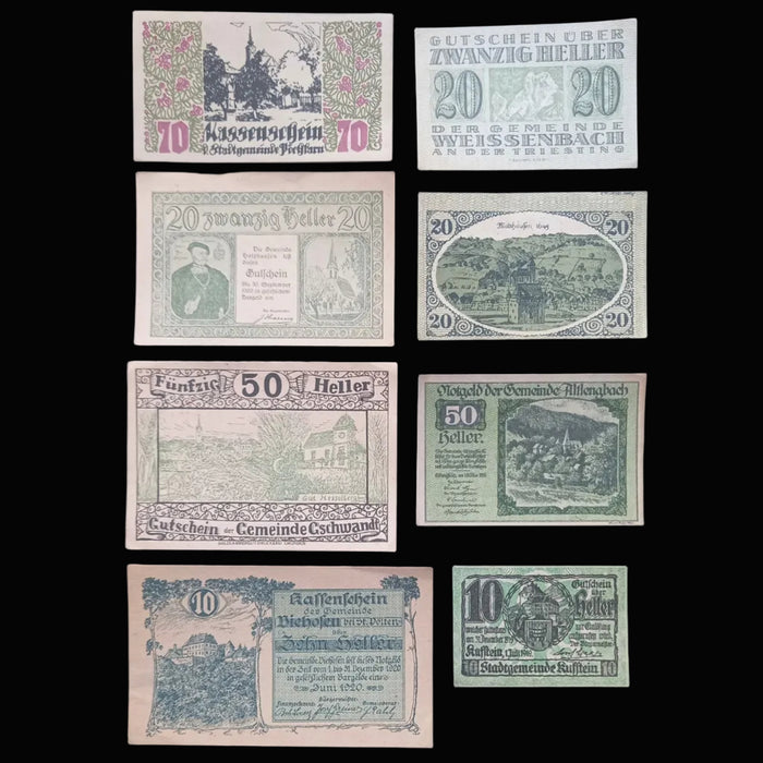 1919-1920 Austria Banknote Notgeld Alpine Nature 8pc Set Heller WWI Antique Money Excellent