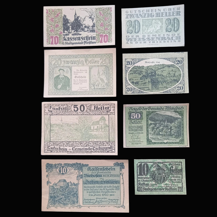 1919-1920 Austria Banknote Notgeld Alpine Nature 8pc Set Heller WWI Antique Money Excellent
