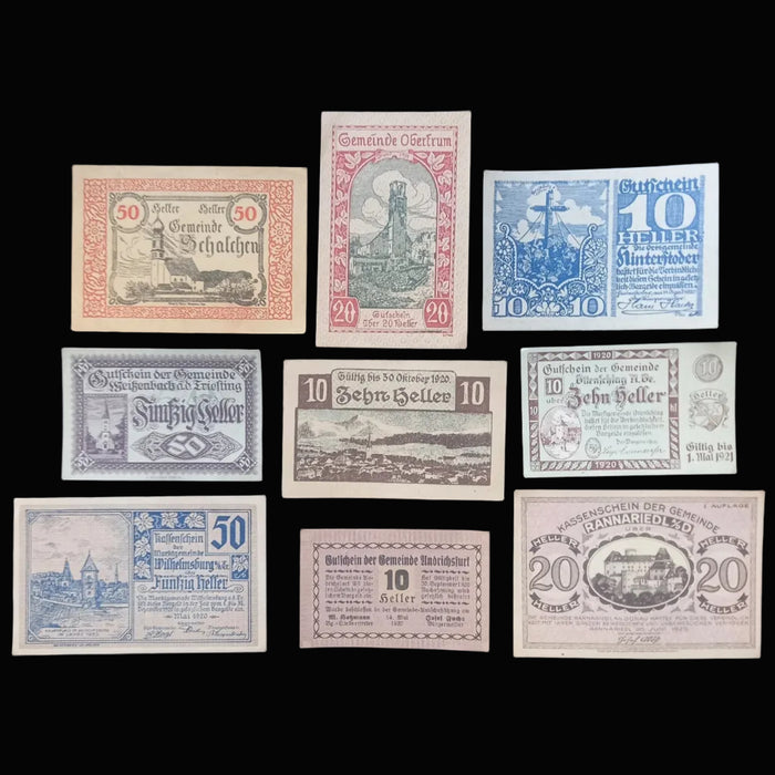 1920 Austria Banknote Notgeld Alpine Town Church 9pc Set Antique Emergency Money Excellent