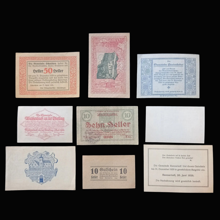 1920 Austria Banknote Notgeld Alpine Town Church 9pc Set Antique Emergency Money Excellent