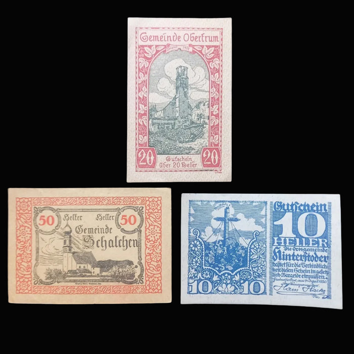 1920 Austria Banknote Notgeld Alpine Town Church 9pc Set Antique Emergency Money Excellent
