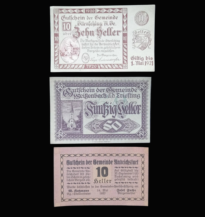 1920 Austria Banknote Notgeld Alpine Town Church 9pc Set Antique Emergency Money Excellent