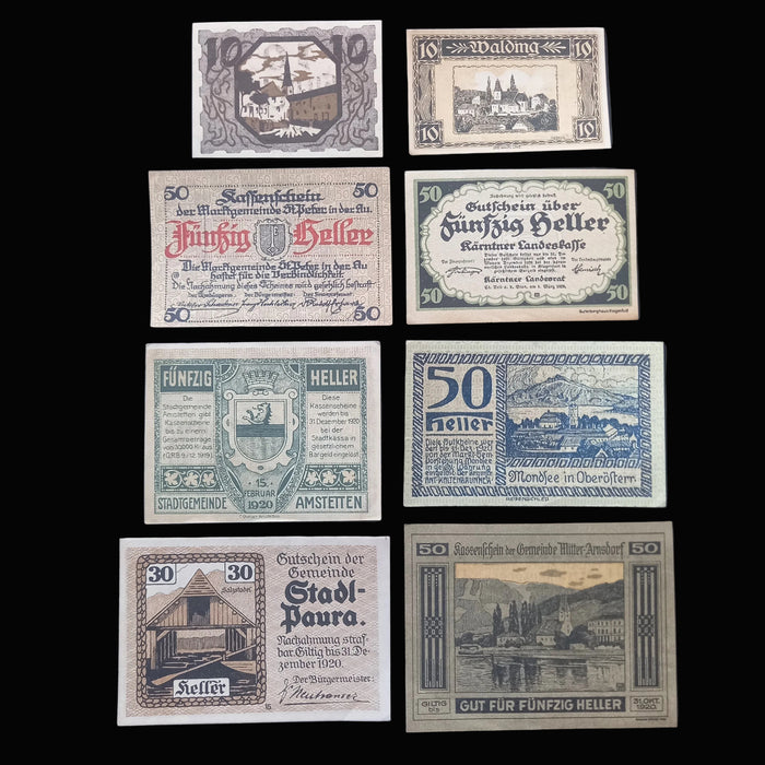 1920 Austria Banknote Notgeld Antique Dark History 8pc Set Emergency Paper Money Heller AU