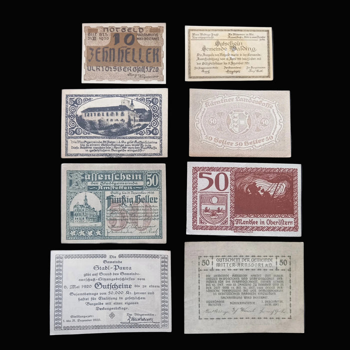 1920 Austria Banknote Notgeld Antique Dark History 8pc Set Emergency Paper Money Heller AU
