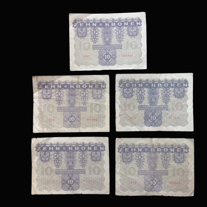 1922 Austria Banknote Kronen Set 10 Zehn Antique Hyperinflation Money Collectible 5pc