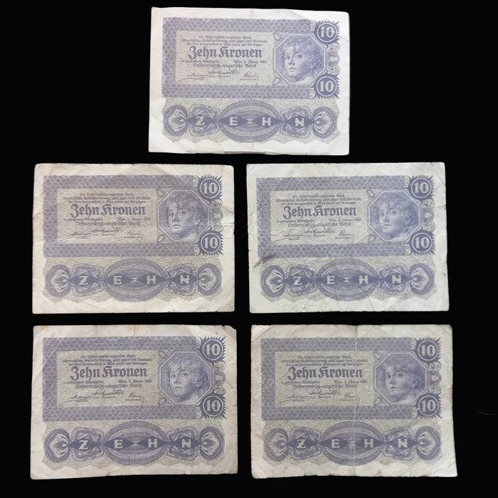1922 Austria Banknote Kronen Set 10 Zehn Antique Hyperinflation Money Collectible 5pc