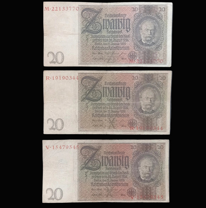 1929 Germany Baknote Reichsmark Set 20 Bill Antique Interwar Money Authentic Choice 3pc