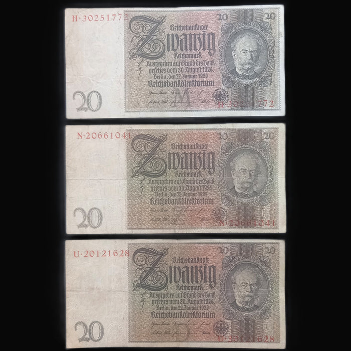 1929 Germany Banknote Reichsmark Set 20 Zwanzig Antique Currency Premium 3pc