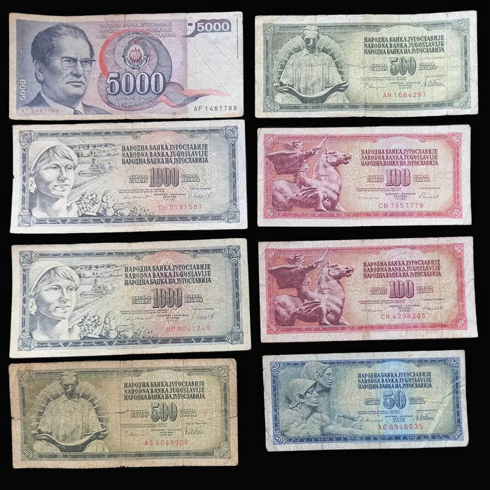 1978-86 Yugoslavia Banknote Dinar Set 50 100 500 1K 5K Tito Socialist Currency Vintage 8pc