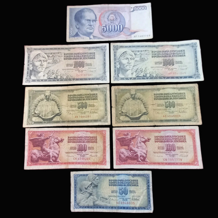1978-86 Yugoslavia Banknote Dinar Set 50 100 500 1K 5K Tito Socialist Currency Vintage 8pc