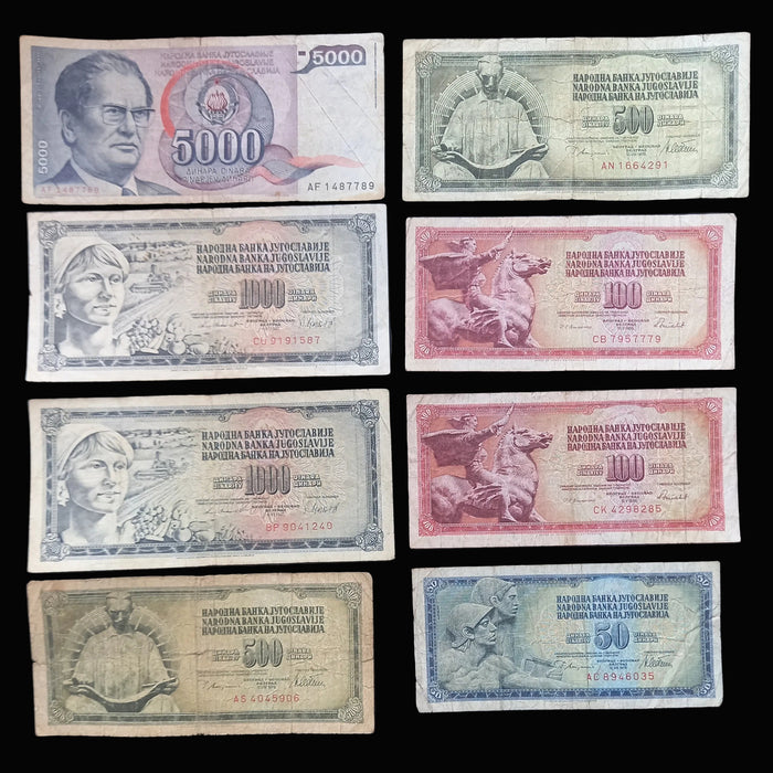 1978-86 Yugoslavia Banknote Dinar Set 50 100 500 1K 5K Tito Socialist Currency Vintage 8pc