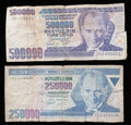 Two vintage Turkish Lira banknotes from the Turkish Republic Central Bank, one 500,000 Lira and one 250,000 Lira, displayed flat against a dark background.