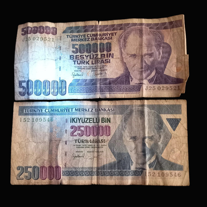 1997-98 Turkey Banknote Lira Set 250,000 500,000 Ataturk Hyperinflation Money UV Verified 2pc