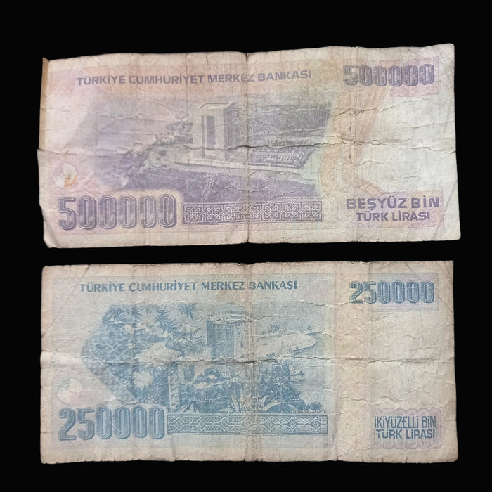 1997-98 Turkey Banknote Lira Set 250,000 500,000 Ataturk Hyperinflation Money UV Verified 2pc