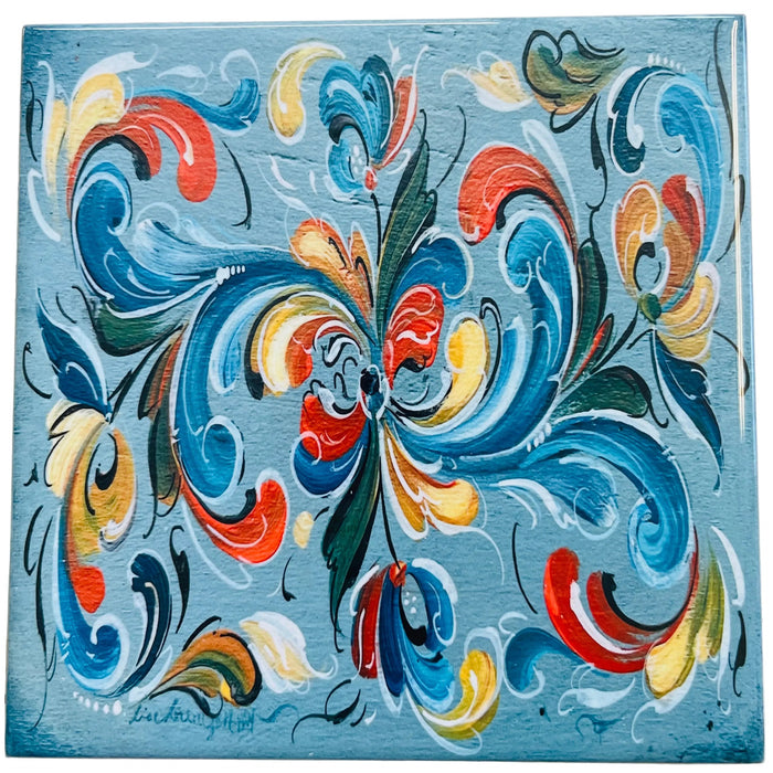 6" Ceramic Tile, Lise Lorentzen Blue Rosemaling
