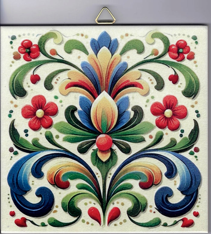 6" Ceramic Tile,  Rosemaling floral on Cream