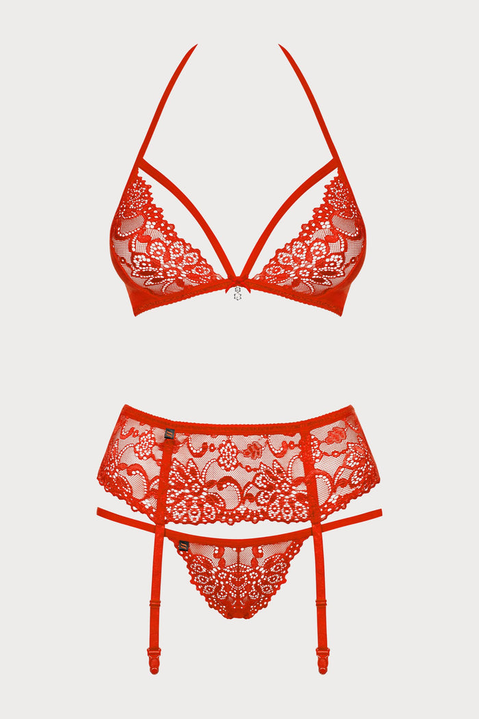 838 Red Bra, Thong & Garter Belt set, Size L-XL (UK 12-14)