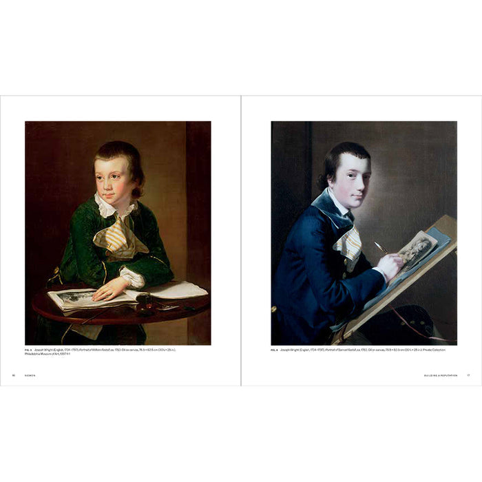 A two-page spread showing two classical oil portraits side by side on a white page background. The left portrait depicts a young boy in a green jacket seated at a table; the right portrait depicts a man in a blue coat drawing at an easel.