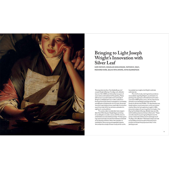 A printed book spread showing a large portrait painting on the left and an article titled 'Bringing to Light Joseph Wright's Innovation with Silver Leaf' on the right, with a white page background.
