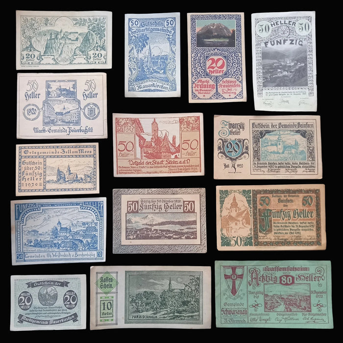 Antique Banknote Notgeld 1920 Austria Architecture 14pc Set Rare Stamped Gainfarn Heller
