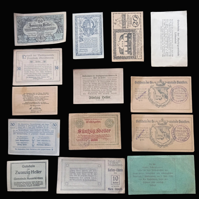 Antique Banknote Notgeld 1920 Austria Architecture 14pc Set Rare Stamped Gainfarn Heller