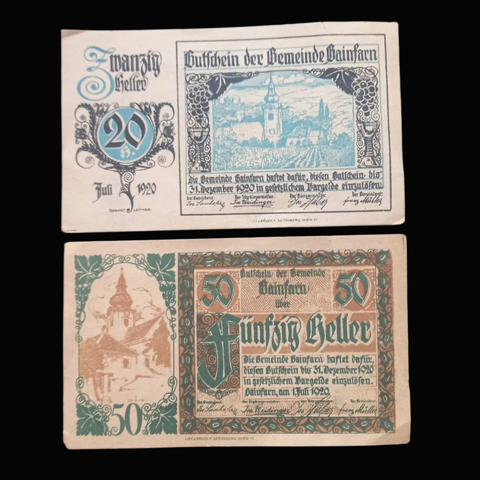 Antique Banknote Notgeld 1920 Austria Architecture 14pc Set Rare Stamped Gainfarn Heller