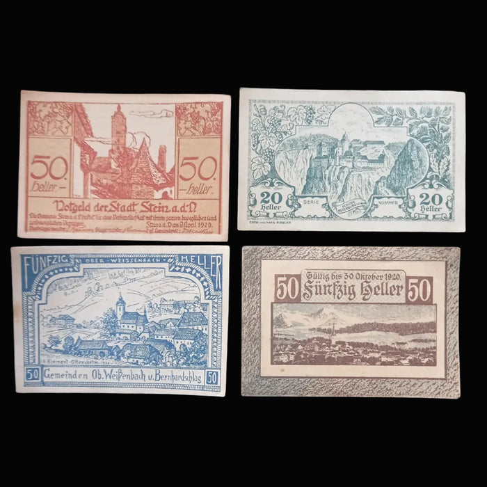Antique Banknote Notgeld 1920 Austria Architecture 14pc Set Rare Stamped Gainfarn Heller