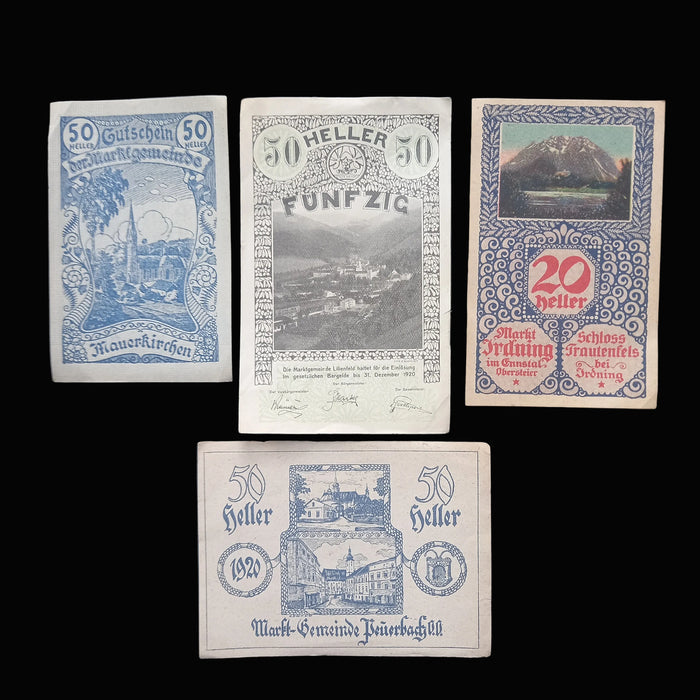 Antique Banknote Notgeld 1920 Austria Architecture 14pc Set Rare Stamped Gainfarn Heller