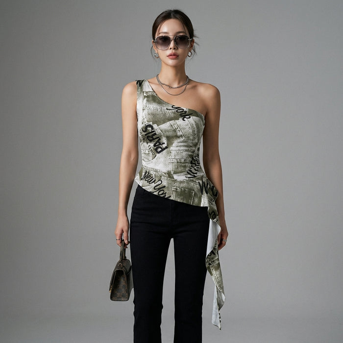 Top asymétrique imprimé femme - K-fashion coréenne - Koreanxwear - Taille One Size
