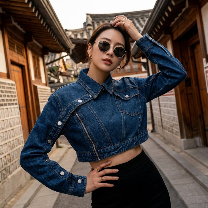 Veste courte en denim asymétrique femme - Koreanxwear