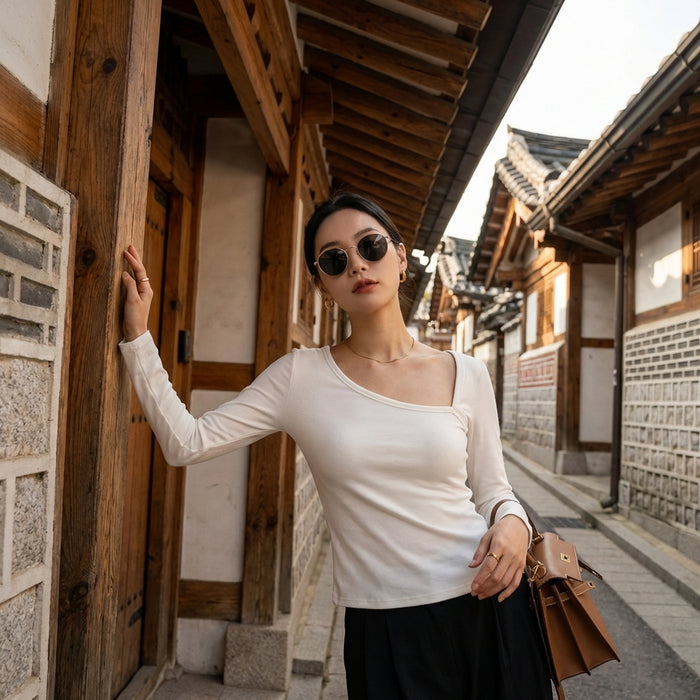 T-shirt asymétrique manches longues style K-fashion noir