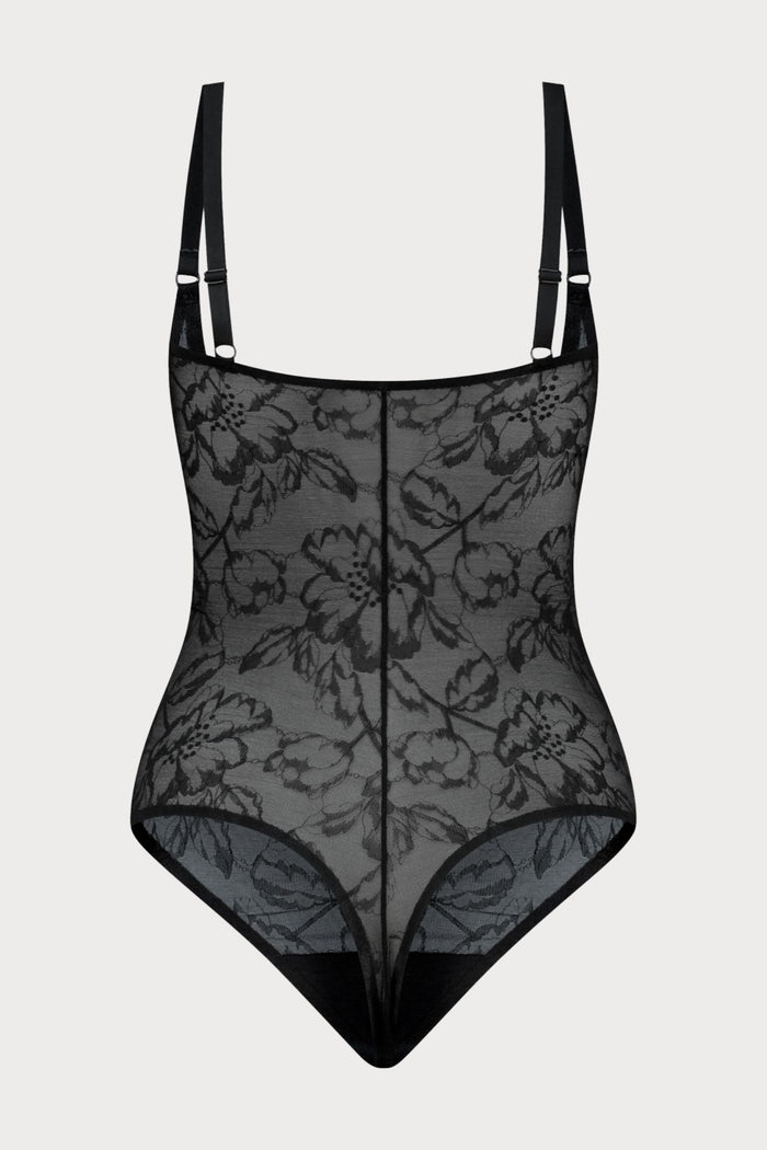 Black Lacy Open Bust Thong Bodysuit