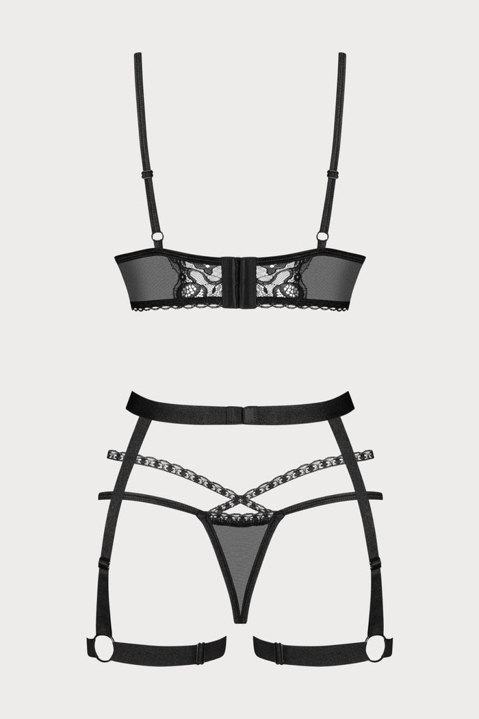 Obsessive Blomentis Bra, Thong & Suspender Black