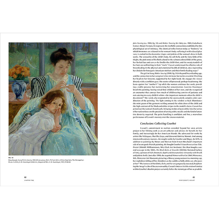 A printed book page showing a reproduction of a classical painting on the left and columns of text on the right