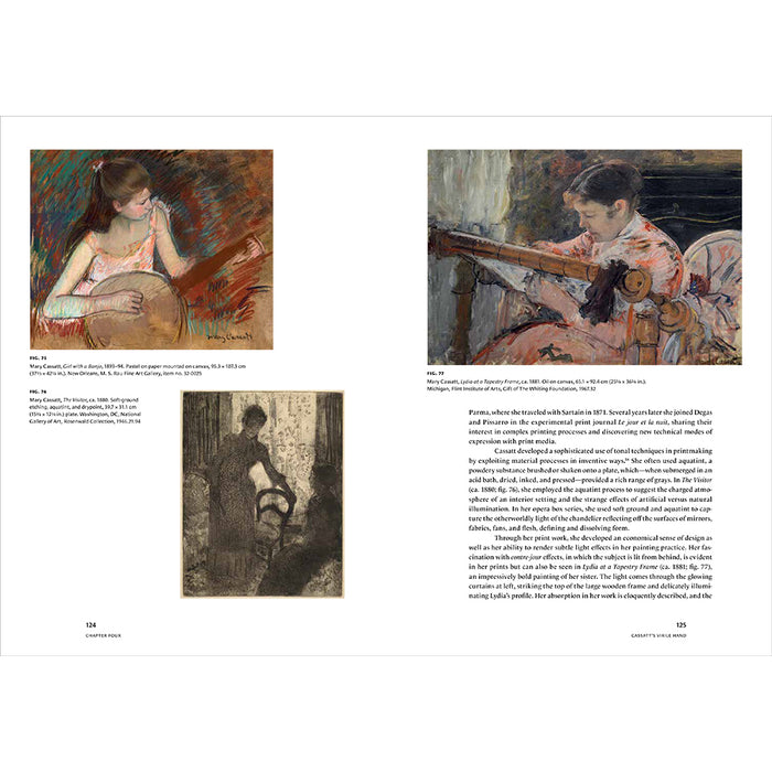 A two-page spread from a book or catalog showing two classical paintings with captions and explanatory text. The left page contains a painting of a woman playing a stringed instrument, a smaller dark figure