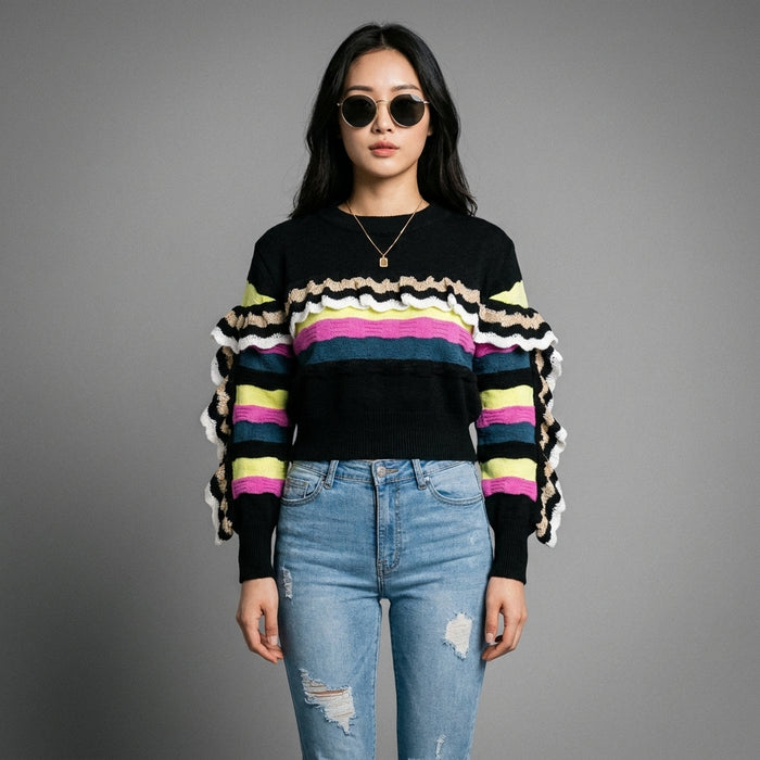 Pull rayé décontracté noir et blanc - K-fashion femme - Taille S