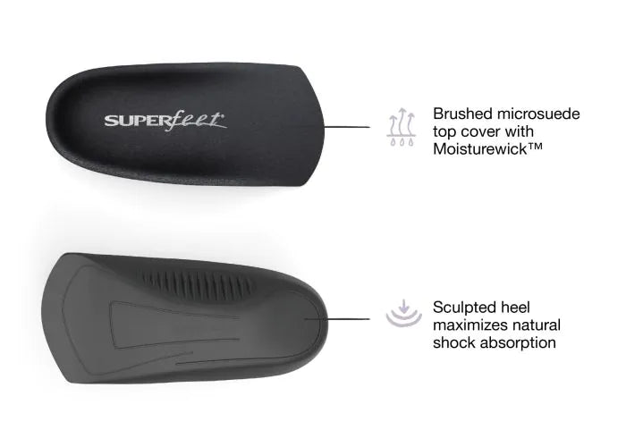 Pair of Superfeet Casual Women's Easyfit Insoles with feature highlights that say Brushed microsuede top cover with Moisturewick and Sculpted heel maximizes natural shock absorption.