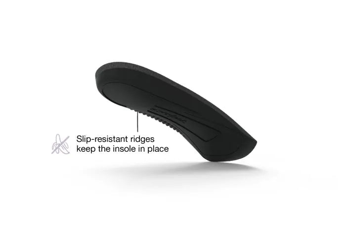 View of the bottom of a single Superfeet Casual Women's Easyfit insole with highlighted feature that says Slip-resistant ridges keep the insole in place.