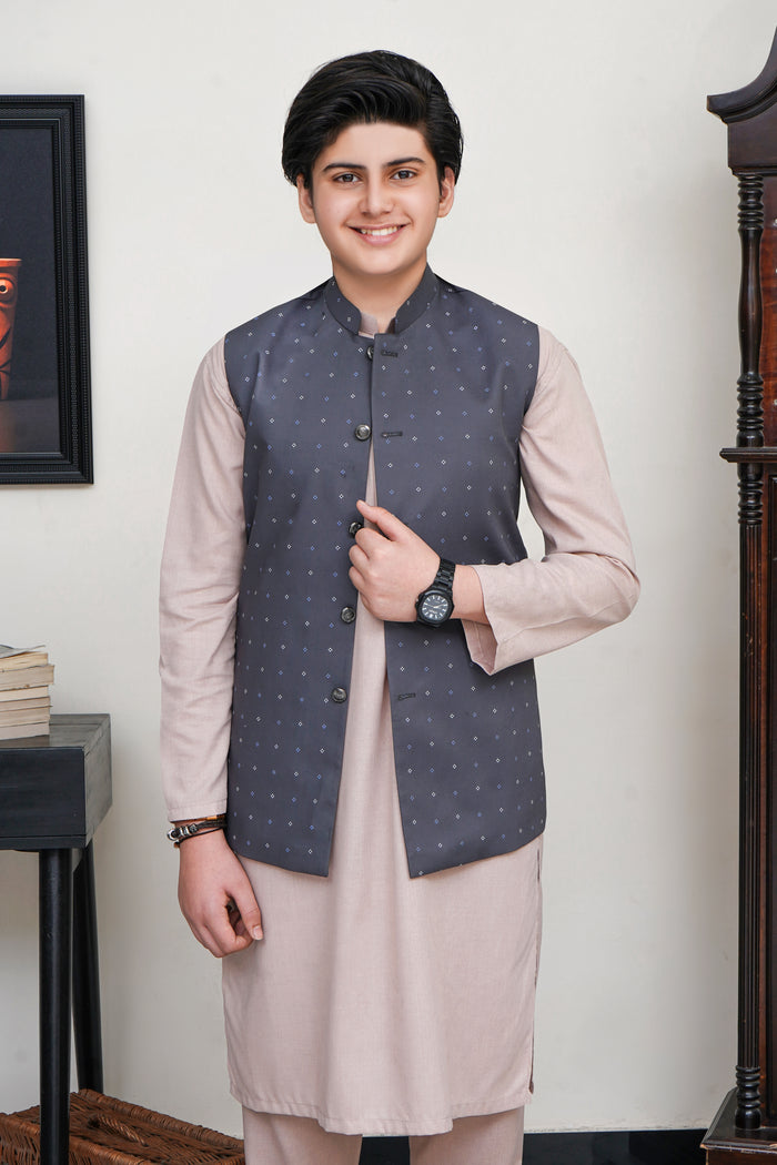 CHARCOAL GRAY PRINTED KID'S WAIST COAT