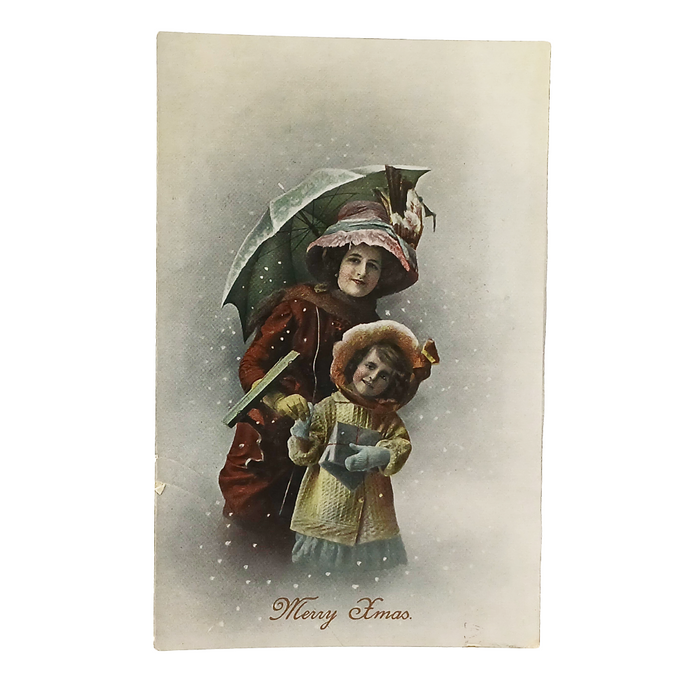 Christmas Postcard RPPC Style Hand Tinted Mother Child Under Umbrella in Snow