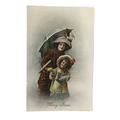 Christmas Postcard RPPC Style Hand Tinted Mother Child Under Umbrella in Snow