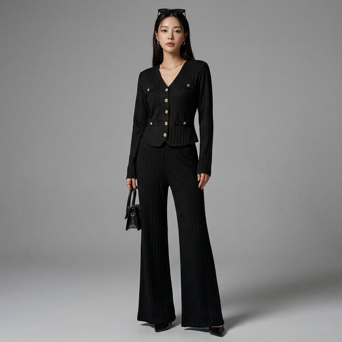 Ensemble manteau mi-long et pantalon large noir pour femme - K-fashion - Taille S