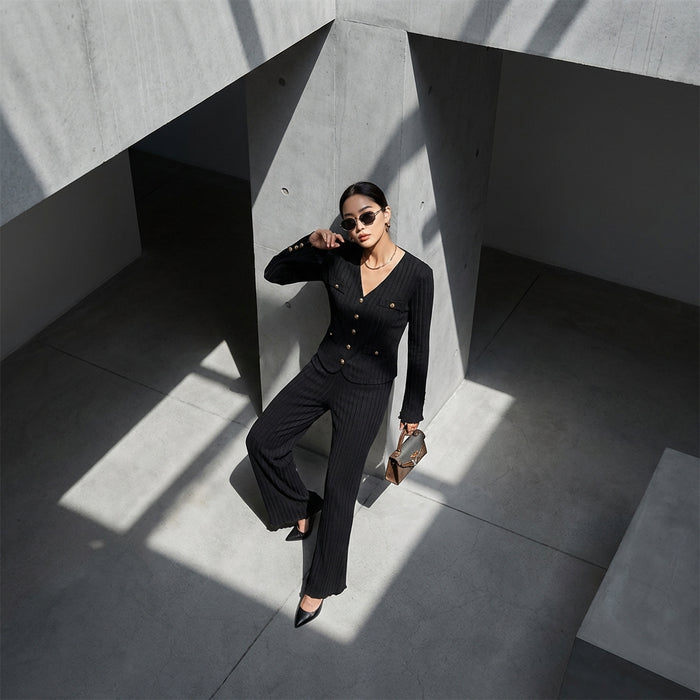 Ensemble manteau mi-long et pantalon large noir pour femme - K-fashion