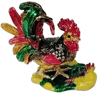 Colored Rooster with black cloak Standing in the Grass - Bejeweled Trinket Box Trnk-4058-4