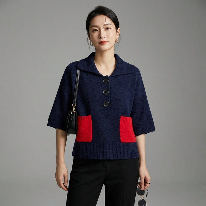 Pull tricoté bleu marine col polo poche contrastée K-fashion - Taille S